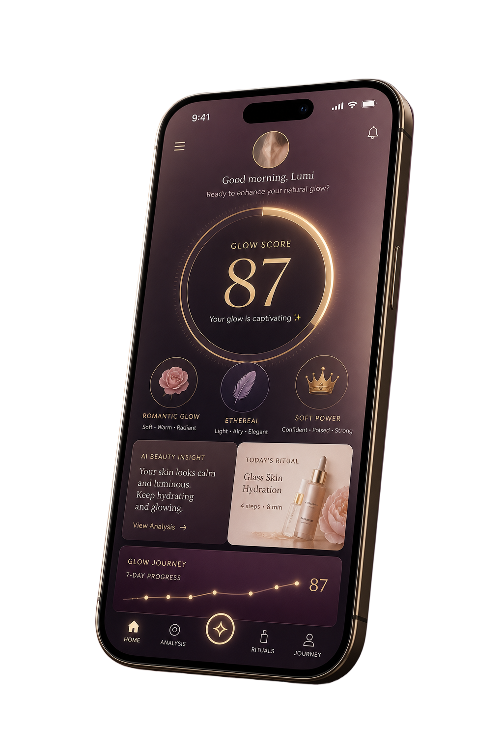 Glowria iPhone app showing personal Glow Score 87 with archetype badges